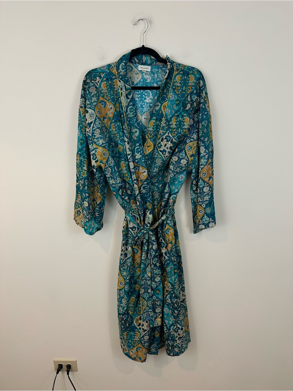 World Market Teal & Gold Printed Kimono Robe Tie Waist 100% Cotton One Size